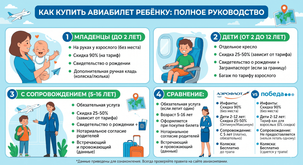 Как купить авиабилет ребёнку: до 2 лет, до 12, с сопровождением, в Аэрофлоте и Победе