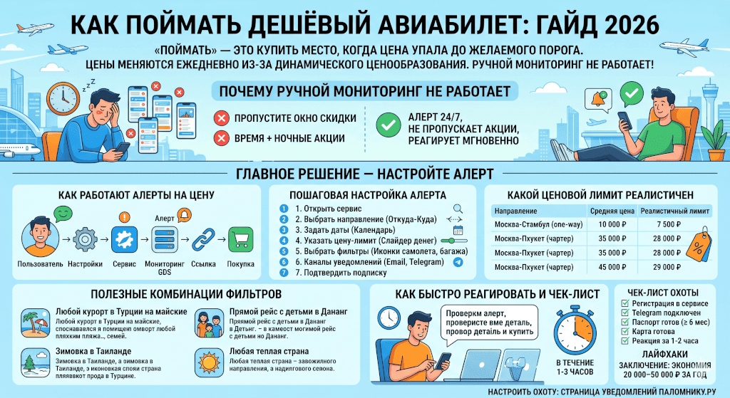 Как поймать дешёвый авиабилет: алерты, цена-лимит, мониторинг — гайд 2026