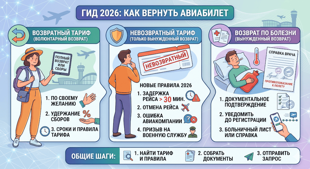Как вернуть авиабилет: возвратный, невозвратный, по болезни — гид 2026