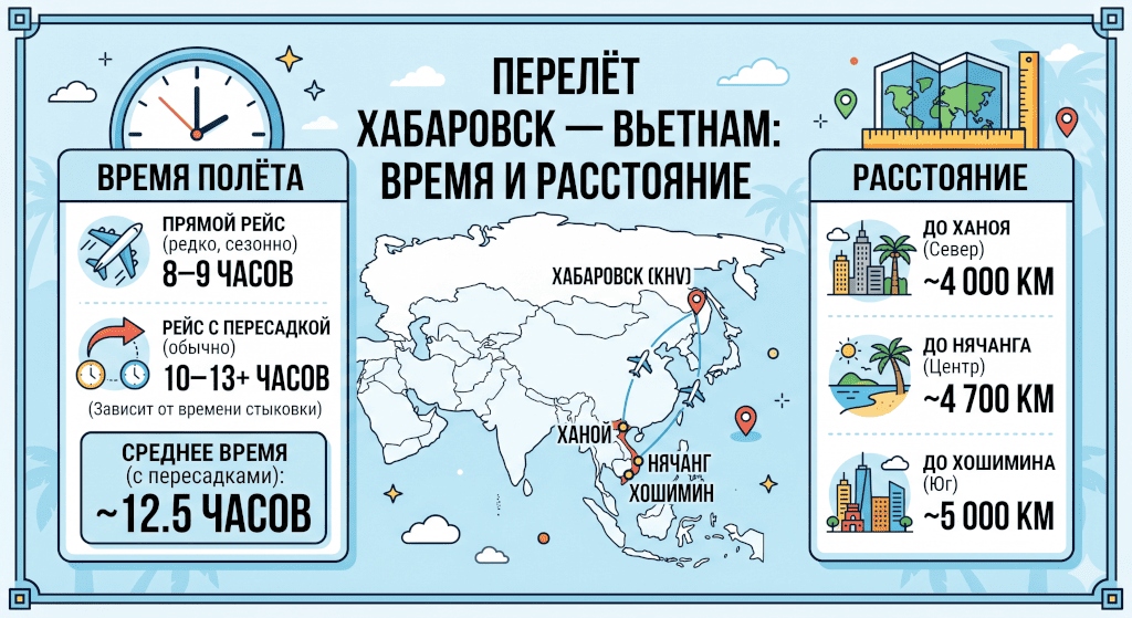 Сколько лететь из Хабаровска во Вьетнам: время полёта и расстояние