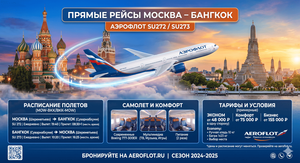 Прямые рейсы Москва–Бангкок: Аэрофлот SU272/SU273, расписание и тарифы