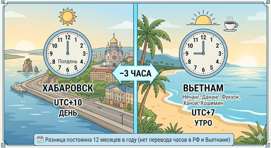 Разница во времени Хабаровск–Вьетнам: 3 часа, без перевода