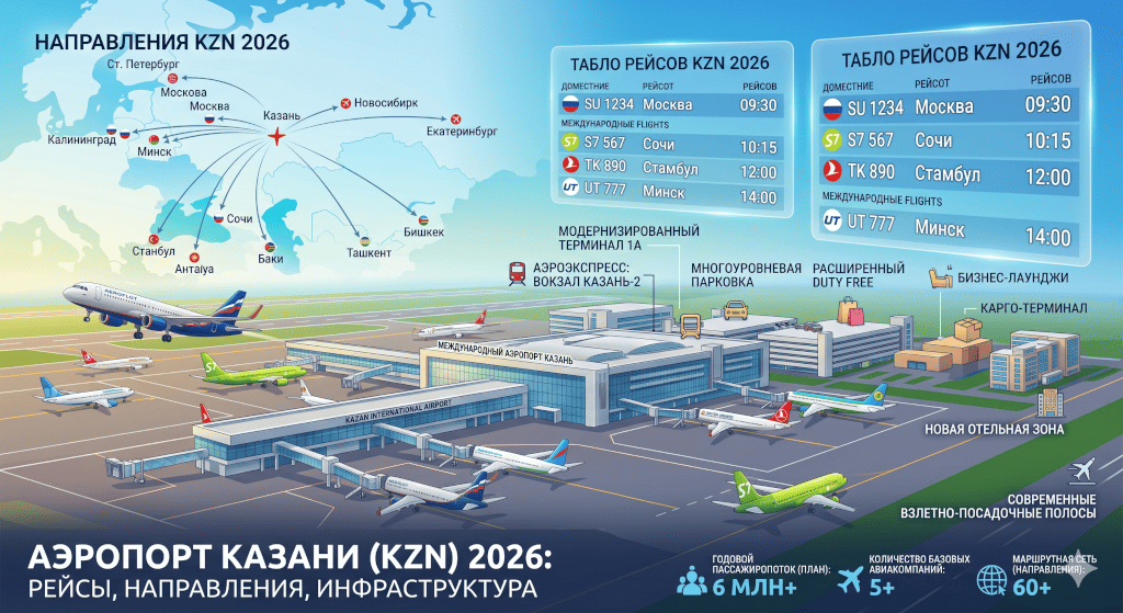 Аэропорт Казани (KZN) 2026: рейсы, направления, инфраструктура