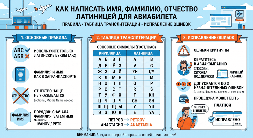 Как написать имя, фамилию, отчество латиницей для авиабилета: правила, таблица, исправление ошибок