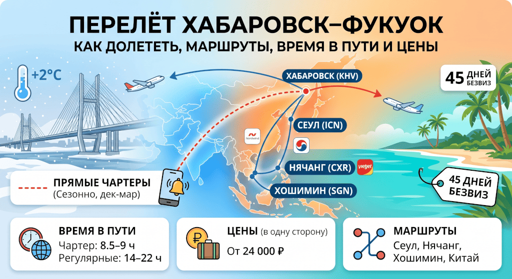 Перелёт Хабаровск–Фукуок: как долететь, маршруты, время в пути и цены
