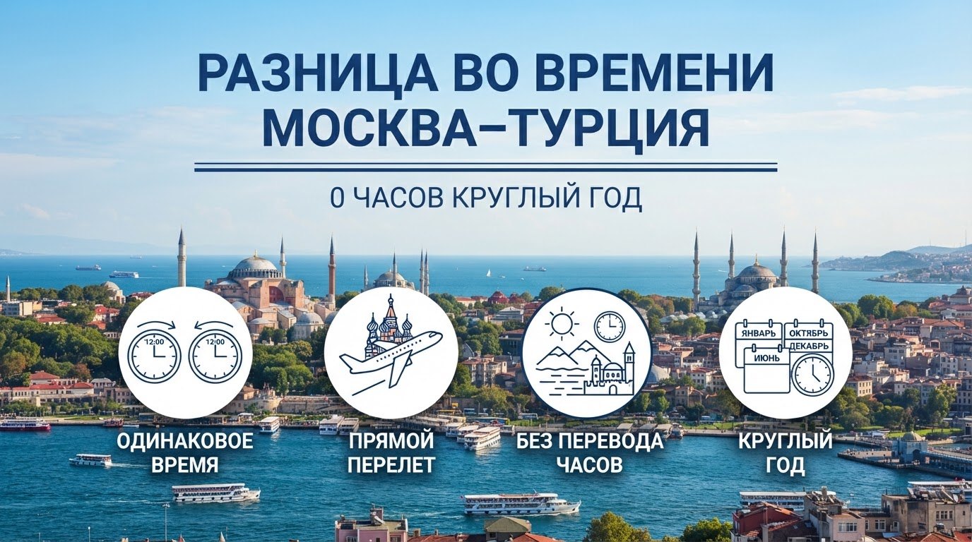 Разница во времени Москва–Турция: 0 часов круглый год
