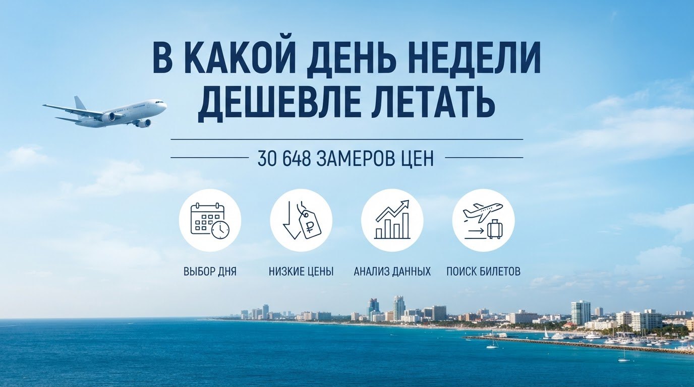В какой день недели дешевле авиабилеты: 30 648 замеров