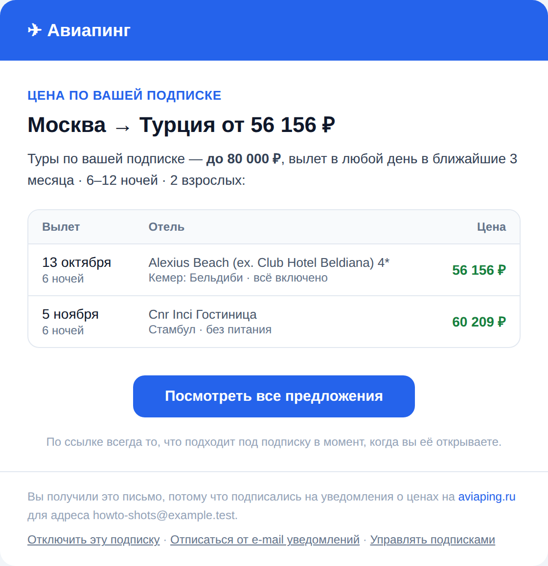 Письмо о турах: маршрут, таблица туров с датами вылета, отелями и ценами, кнопка «Посмотреть все предложения»
