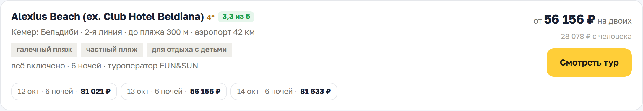 Карточка отеля в выдаче: рейтинг, расстояние до аэропорта, даты вылета с ценами